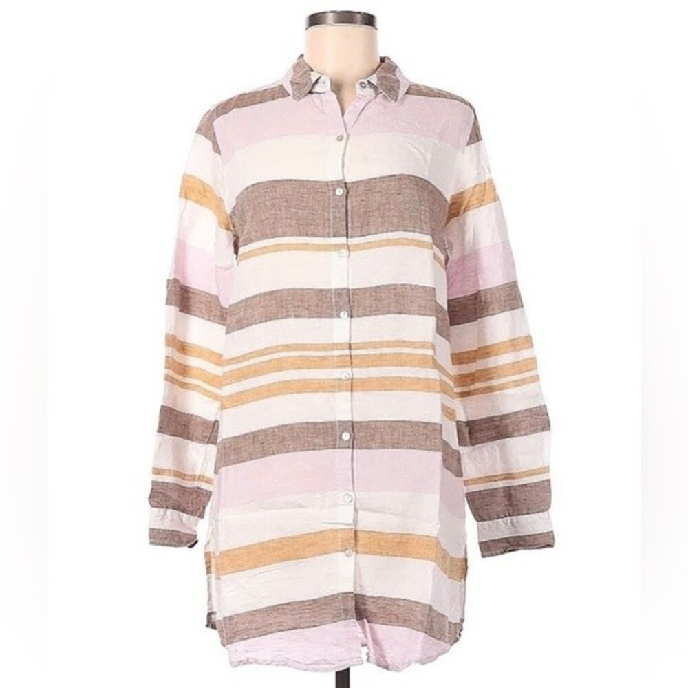 Rachel Zoe 100% Linen Striped Button Down Blouse, Tunic. Size M.